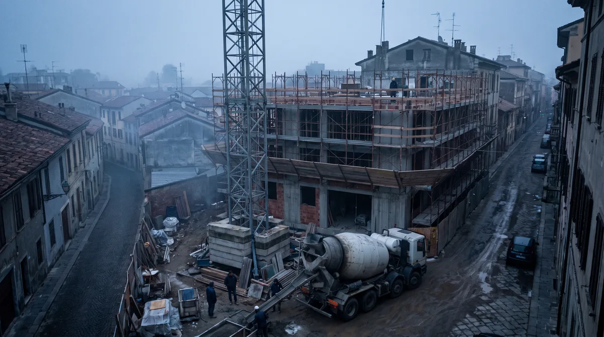 Cantiere di un edificio residenziale in una città italiana con gru, ponteggi e betoniera nella foschia del mattino
