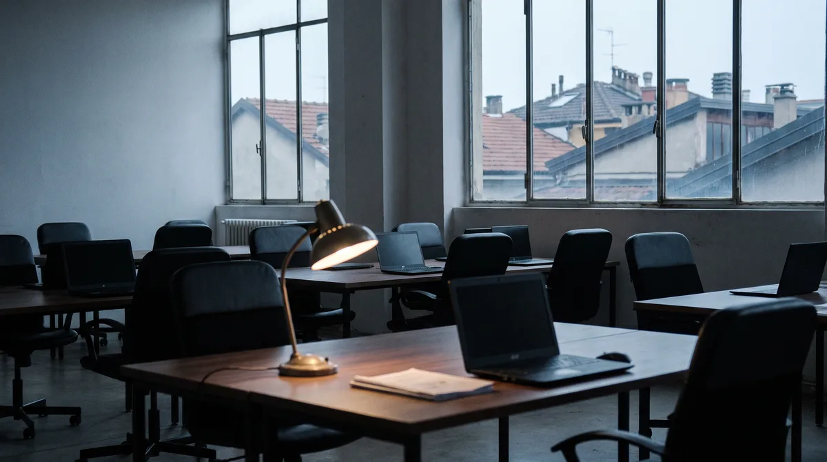 Ufficio open space vuoto di una PMI al mattino presto, una lampada accesa su una scrivania e i tetti del quartiere industriale dalla finestra